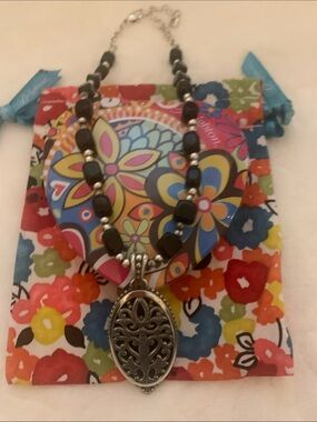 Brighton Black Bead Necklace with Silver-Tone Filigree Pendant and Accent Beads